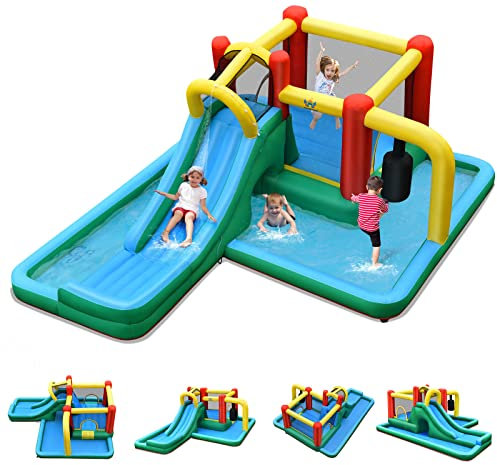 GOPLUS 7 en 1 Château Gonflable, Aire de Jeux Gonflable avec Zone de Saut,Escalade,Piscine, Toboggan, Pistolet à Eau, pour Fête de l'eau d'Eté des Enfants de 3-10 Ans, 470X370X190CM