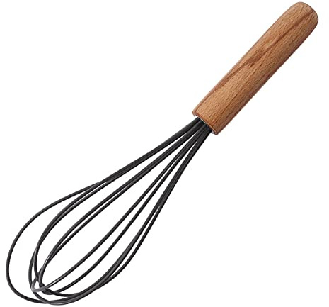 ohfruit Batidor de silicona de 10 pulgadas con mango de madera, batidor de huevos manual resistente al calor batidor de cocina, batidor de huevos, negro gris