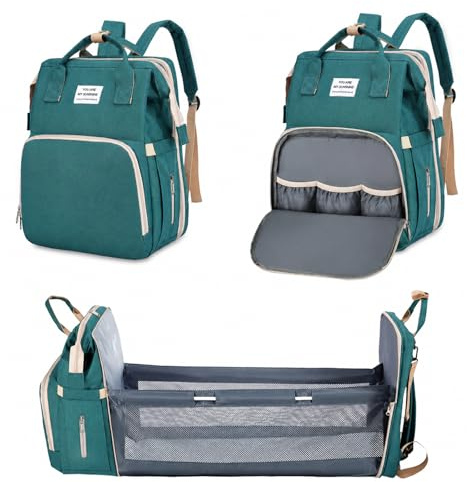Bibykivn Sac à Dos à Langer pour Bébé,Sac de Voyage avec Lit de Bébé Portable,Grande Capacité Sac à Couches Multifonction Imperméable,2 Sangles de Poussette,pour Biberon Sac à Dos (Vert)