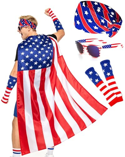 Hikkcos 250 Years Patriotic American Flag Cape Costume, 4th of July Outfit American Flag Cheering Apparel USA Spirit Wear & Sports Rally Gear USA 2026 Soccer Fans Accessories