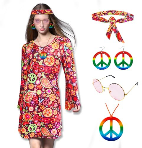 Cynrikah Hippie Kleid Kostüm, Karneval Kostüm Damen Overall Outfit Hippie Kleidung Disco Outfit mit Retro Haarreif/Sonnenbrille/Halskette/Ohrringen, 80 70er Jahre Accessoires Karneval Kostüm Damen(L)