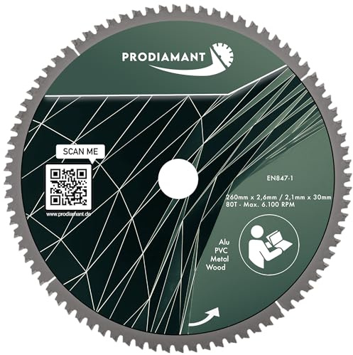 PRODIAMANT HM TCT Hoja de sierra circular 260 x 30 mm - para madera, aluminio, plástico y laminado, compatible con sierra de mesa