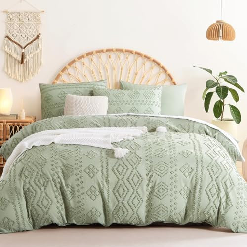 Sedefen Boho Bettwäsche 200x200 cm Salbei Grün Getuftet Geometrisch Muster Wendebettwäsche Set Stickerei Shabby Chic Böhmen Bettbezug mit Reißverschluss und 2 Kissenbezug 80x80cm