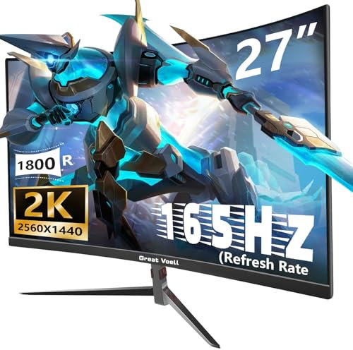 Great voell 27-Inch Curved Gaming Monitor, 165Hz, 2K QHD (2560x1440P), HDR, 99% sRGB, FreeSync, Anti-Blue Light, VESA Mountable, HDMI 2.0 & DP 1.4, Tilt Adjustable, 16:9 PC Screen