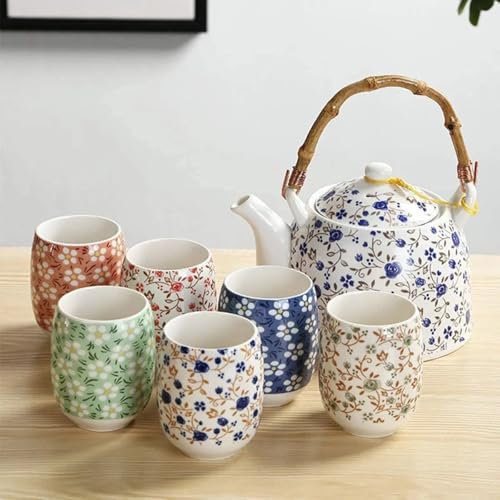 Home & Treat Juego de 7 tetera de porcelana floral vintage de 900 ml con 6 tazas | Teaset de cerámica colorido hecho a mano con tazas | Juego de tazas de té para hogar, hotel, restauración