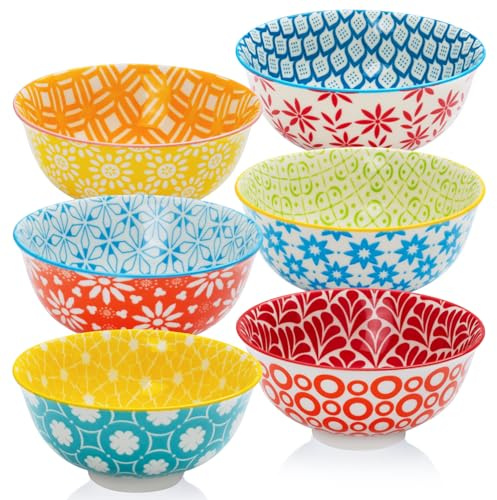 AntoKueh 660ml/23oz Multi-Color Large Ceramic Bowl Set of 6,15cm/6in Big Cereal Bowls for Salad, Soup, Pasta, Noodle, Dessert, Fruit, Reman, Sturdy for Dishwasher & Microwave, Christmas Gift