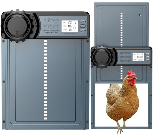 MASTERFUN Automatische Hühnerklappe Batterie, Aluminum Elektrische Hühnerklappe mit Wasserdicht Großes Display, Timer, Manuelle, Intelligenter Einklemmschutz, Grau