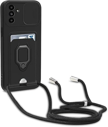 Esakycn Crossbody Case for Samsung Galaxy A16 4G / 5G 6.7 with Camera Cover, Phone Case Silicone with Adjustable Strap Lanyard, Card Holder with Roating Ring Stand Protective Cover. Black