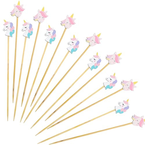 Catelves Enhörning Spett, fingermat, barn, 100 stycken cocktailspett, tandpetare trä, 13 cm träspett, ostspett, fruktspett, cocktaildekoration, cupcake toppare sommar