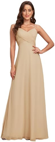 Ever-Pretty Women's Maxi Bridesmaid Dress Spaghetti Straps V-Neck A-Line Chiffon Empire Waist Backless Dress Champagne 28UK