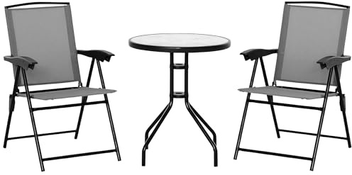 Outsunny Ensemble de Jardin 3 pièces 2 chaises inclinables Multi-Positions Pliables + Table Ronde Verre trempé métal textilène Gris