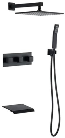 Grifo Ducha Empotrada 3 Perillas Grifos Duchas de Baño Cabezal de Ducha Lluvia Cuadrado 10'',negro