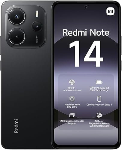 Xiaomi Redmi Note 14 4G Smartphone, 6GB+128GB, Midnight Black, 108MP AI Camera System, 5500mAh Battery, 120Hz Eye-care Display, AI Features (No Charger Included), 2 Year Warranty