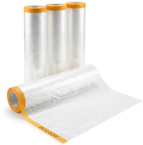 Woobroo 4 PCS Plastic Dust Sheet Roll, 2.4x20M Drop Film Masking Tape with Plastic Sheet, Transparent Pre-Taped Masking Film for Painting, Decorating, Furniture Covering