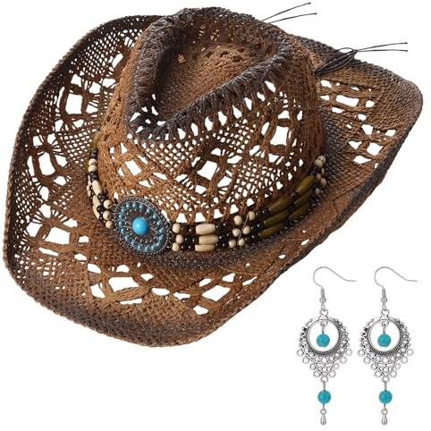ViEinkaufen 2 Pcs Women Straw Cowgirl Hat Accessory Set, Summer Cowboy Hats Ladies Straw Beach Sun Hat Roll Brim with 1 Pair Bohemian Turquoise Earrings
