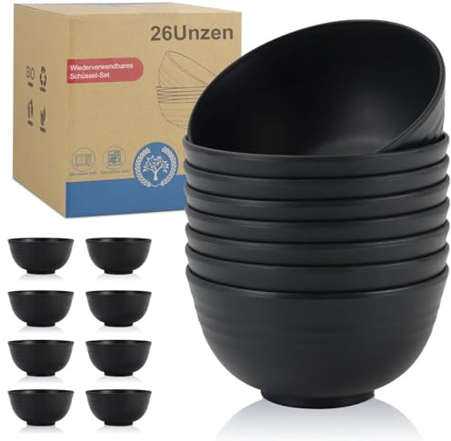 Wrova Wiederverwendbare Schüssel-Sets aus Kunststoff 8 PCS, unzerbrechliche Müslischüssel 750 ml, spülmaschinenfeste Schüssel-Sets zum Servieren von Suppe, Müsli, leichte Schüsseln für Camping-Schwarz