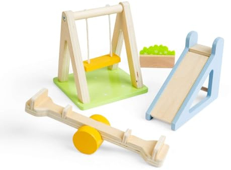 Bigjigs Toys Garden Set | Outdoor Dolls House Furniture | Miniature Wooden Swing, Slide & Seesaw For Kids Doll Houses | 4 Pcs Accessories Pack for Dollhouse Gardens | Gifts for 3+ Year Old Children