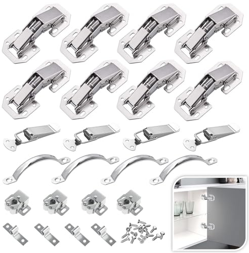 LEAUM 20 Teiliges Set Scharniere Schranktür, Möbelscharniere Türscharniere 90 Grad Aufschraubscharnier Set mit Spannverschluss, Möbelschnäpper und Edelstahl Griffen für Schranktür Holztüren Kuechensch