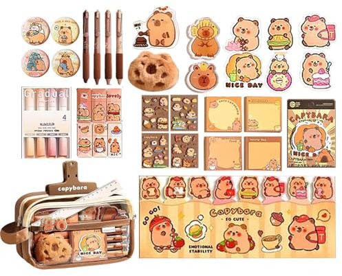 Capybara School Supplies Set, Student Note Taking Gel Pens, 9.84x5.91 Inches PP Paper Fabric Plush Build with Lightweight Design, Functional Practical Style, Journaling Accessory for Kids Teenagers