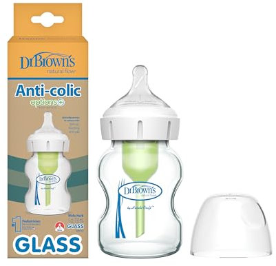Dr. Brown's Natural Flow Options+ Anti-Colic Glass Baby Bottle, Wide-Neck, 5 oz/150 ml