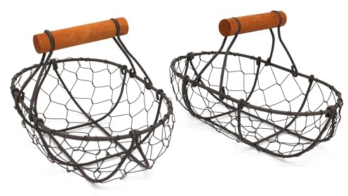 CVHOMEDECO. Cestas ovaladas para huevos de alambre de gallinero Cestas de recolección de óxido con asa de madera Cestas de almacenaje de estilo country vintage. Juego de 2