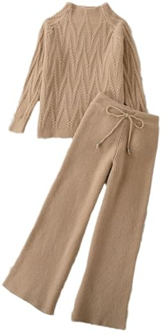 Hotgreenpepper Otoño Invierno Mujeres Tejer 2 Piezas Conjunto Mujer O-Cuello Jersey De Punto Ancho Pantalones Traje, caqui, M