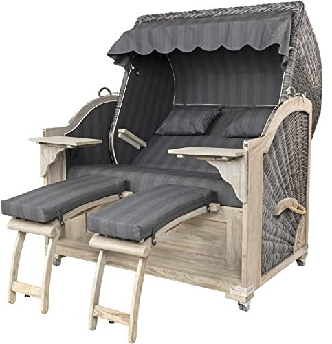 Strandkorbprofis Strandkorb Kampen Teak Vintage, Geflecht Old-Teak, Stoff Innsbruck anthrazit