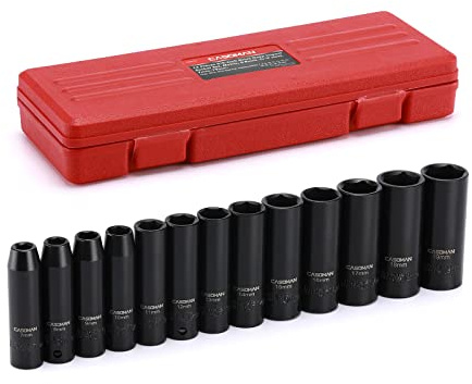 CASOMAN 3/8-Inch Drive Impact Socket Set, 6-Point, Metric, Deep, CR-V, 7mm to 19mm, 13 Piece Set