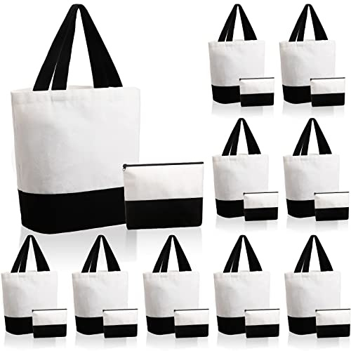LEIFIDE 20 Pieces Canvas Tote and Makeup Bag Set Beach Bag with Handle Canvas Tote Bags for Women Mother Bridesmaids(Black and White)