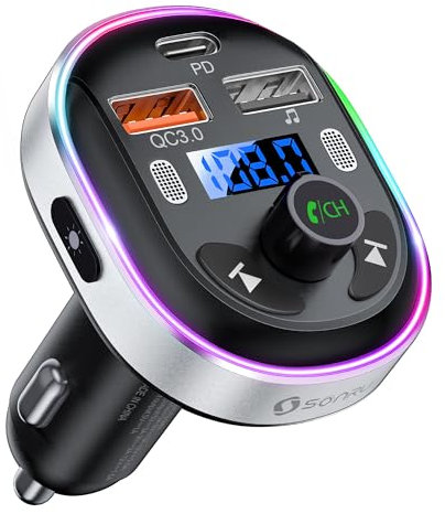 SONRU Transmisor FM Bluetooth 5.3 para Coche, Manos Libres Inalámbrico Reproductor MP3 Coche, QC3.0&PD 30W Tipo C Carga Rápida, Doble Mics+Carcasa de Metal, Soporte USB y Flash Drive