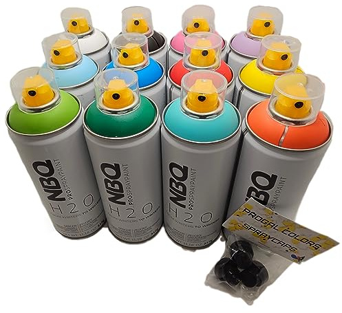 PROGAL COLORS Pack Water Based NBQ PRO Spray Paint (12 x bombolette spray 400 ml base acqua + 3 ugelli) - Finitura opaca - Muralismo, decorazione (PARTY TIME)