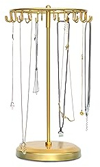 BOSMIMEO Rotating Necklace Holder Jewelry Display Stand Bracelet Organizer Hanging Tower Rack with 23 Hooks and Round Base Jewelries Collection 17.8inch Gold