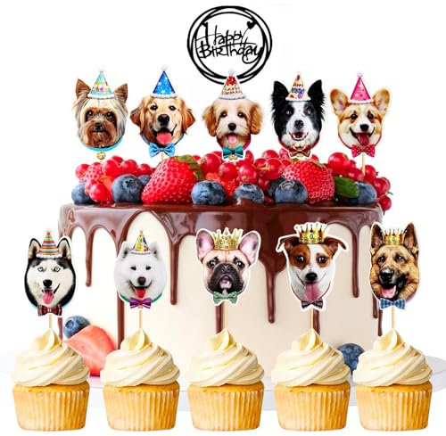 SEPSCO Decoración Tarta Cumpleaños Perro 11Pcs, Perros Fiesta Pastel Topper Mascota Tartas Cupcake Cake Feliz Cumple Decoracion Adornos No Comestibles para Magdalenas para Amantes de los Corgi Niño
