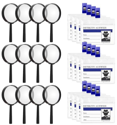 RYAN 12 Kit Detective Loupe Enfant avec Couverture de Carte Porte-Carte et Carte de Visite Loupes en Plastique pour Enfants Accessoires de Jeu de Rôle de Détective Activités en Class