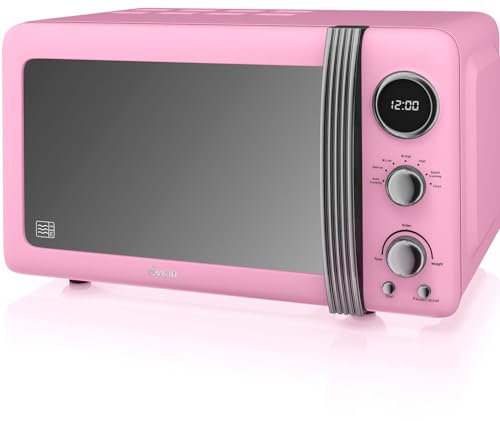 Swan Retro SM22030LPNEU Digital Mikrowelle 20L, 5 Leistungsstufen, Auftaufunktion, 60 Minuten Timer, 27cm Drehteller, Vintage Design, Rosa, 800W