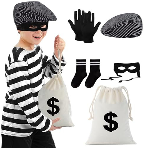 Boyigog Costume de Voleur Déguisement Cambrioleur Enfant avec Béret Masque Noir Gants Chaussette Sac Costume de Voleur Prisonnier Convient Halloween Carnaval(120)