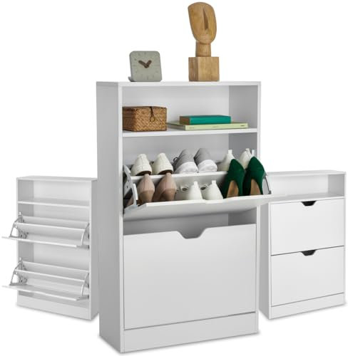 tectake® Schuhschrank, Schuhkipper, Organizer Regal Schrank schmal und hoch, Schuhaufbewahrung platzsparend, Flur Möbel, Wohnungseinrichtung für extra Stauraum, Garderobenschrank - weiß