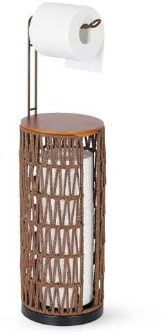 Rayofly Distributeur de Papier Toilette Autonome Rangement avec Etagère, Rangement de Papier Toilette en Rotin Boho, Porte-Papiers de Salle de Bains Debout pour 4 Rouleaux de Papier Toilette