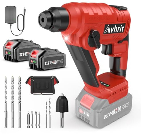 Avhrit 21V Taladro Percutor a Batería con Motor Sin Escobillas, Taladro Percutor con 2 x 4.0 Ah, Baterías, Adaptador, Martillo Perforador 1.6 J SDS Plus, Ideal para el hogar y Proyectos de Bricolaje