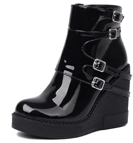 Asterisco Bottines Femme Talon Compensé avec Plateforme Talons Hauts Bottines Bout Rond Zip Bottes Motard, N81741Kw Noir-Q Taille 40 EU/41Cn