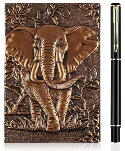 OFFCUP Hardcover Notizbuch A6, 3D Elefant Vintage Notizbuch,Geprägtes Ledertagebuch Vintage Tagebuch mit Stift, Geprägt Reise Tagebuch Handgefertigtes Buch als Geschenk