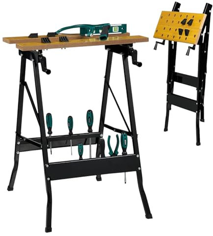 Banco da Lavoro Richiudibile Pieghevole Acciaio e Legno 4 Ganasce 620x560x765mm Portata Max 100KG ideale per lavori domestici, officine e cantieri