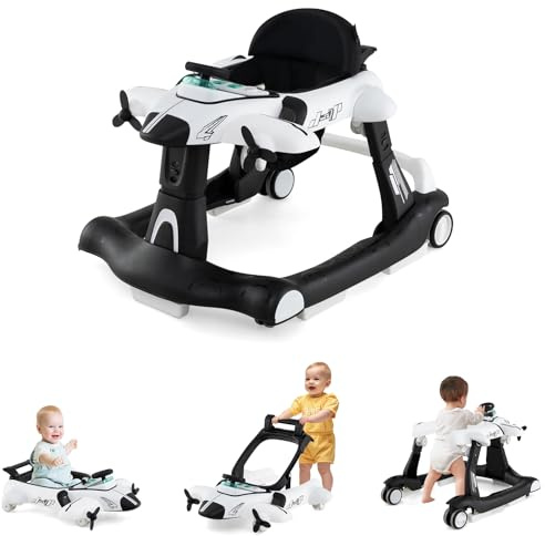 GOPLUS 6-i-1 gåstol, gåvagn med justerbar hastighet och 3 höjder, matbricka, musik, ljus och vikbar design, baby walker i flygplansmotiv för baby 6–18 månader (vit)