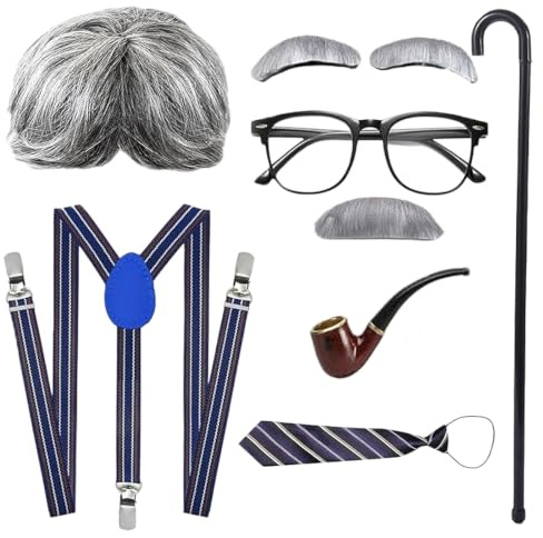 PANMAY Costume de grand-père pour enfant - 9 accessoires - Costume d'école de 100 jours pour garçon - Accessoire pour Halloween, carnaval, cosplay, fête à thème
