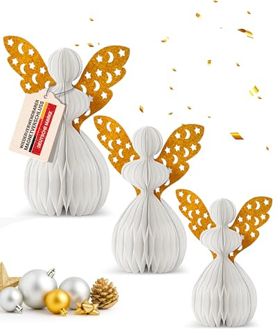 MJhomely® Set d'Anges en Papier Noël [3 Pièces] – Anges en Papier Pliables pour Décoration de Noël Intérieure – Figurine d'ange en Carton Alvéolé – Décoration de Noël Table – Décorations de Noël Ange