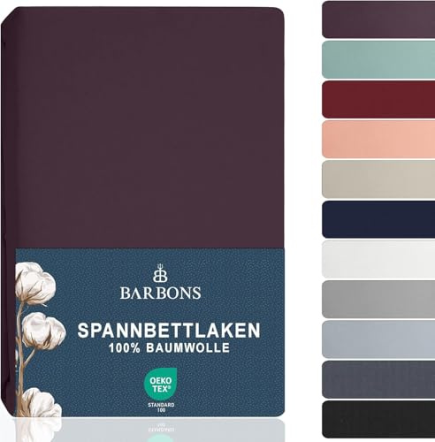 BARBONS Spannbettlaken 180x200cm - 100% Baumwolle Spannbetttuch Oeko-TEX Zertifiziert Bettlaken Jersey Bettwaren und Bettbezug für Boxspringbett und Dicke Matratzen bis 27 cm - Aubergine 180 x 200