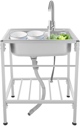 Fregadero de acero inoxidable 60 × 45 cm con grifo para agua caliente y fría, fregadero independiente con estante y patas ajustables en altura, para cocina, taller, exterior y más