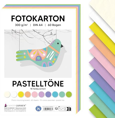 MarpaJansen Fotokarton Pastell DIN A4 zum Basteln & Gestalten | 60 Bogen in 10 Farben, 300 g/qm² stabile Pappe | Blauer Engel zertifiziert, ideal für Karten & DIY Projekte