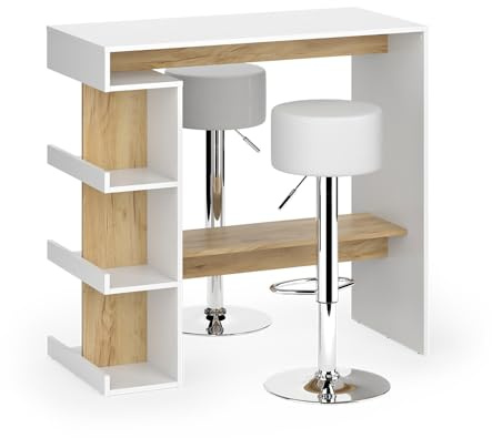 Vicco Bartisch-Set Dana, Weiß/Goldkraft Eiche, 108 x 50 cm mit 2 Barhockern, mit offenen Ablagen zur Nutzung als Stehtisch