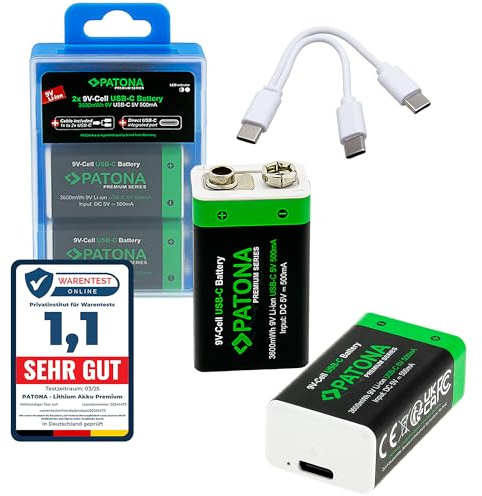 PATONA 4x Premium Batteria 3,6Wh 9V Block 6F22 USB-C (500mA) ricaricabile con 1-a-2 cavo-USB-C per rilevatore di fumo, telecomandi, microfoni wireless, sveglie e torce elettriche